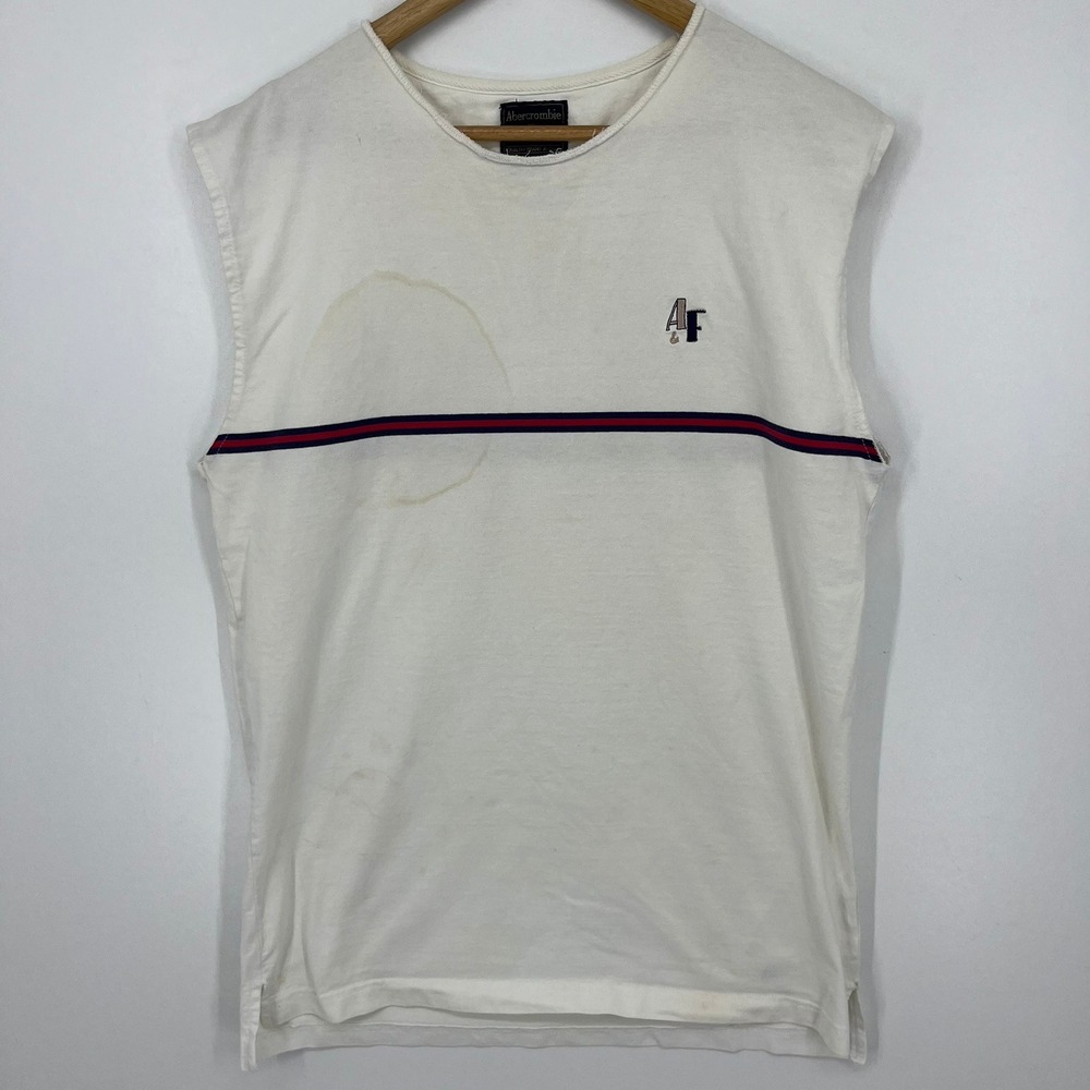 Vintage‎ Abercrombie & Fitch Mens White Striped Sleeveless Muscle Tee Shirt M
